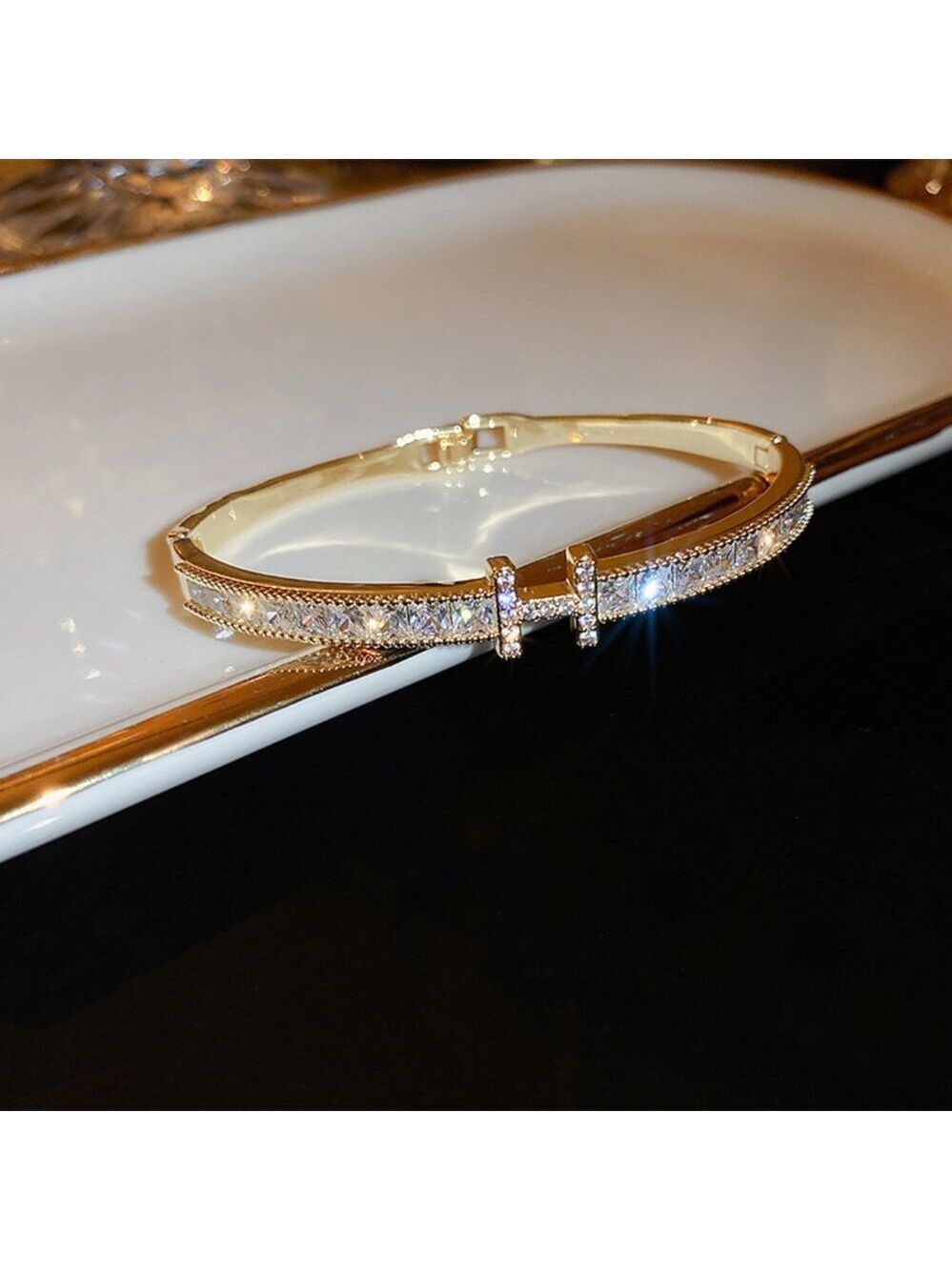 18K Gold Plated Stainless Steel Zircon Crystal H Bangle Bracelet